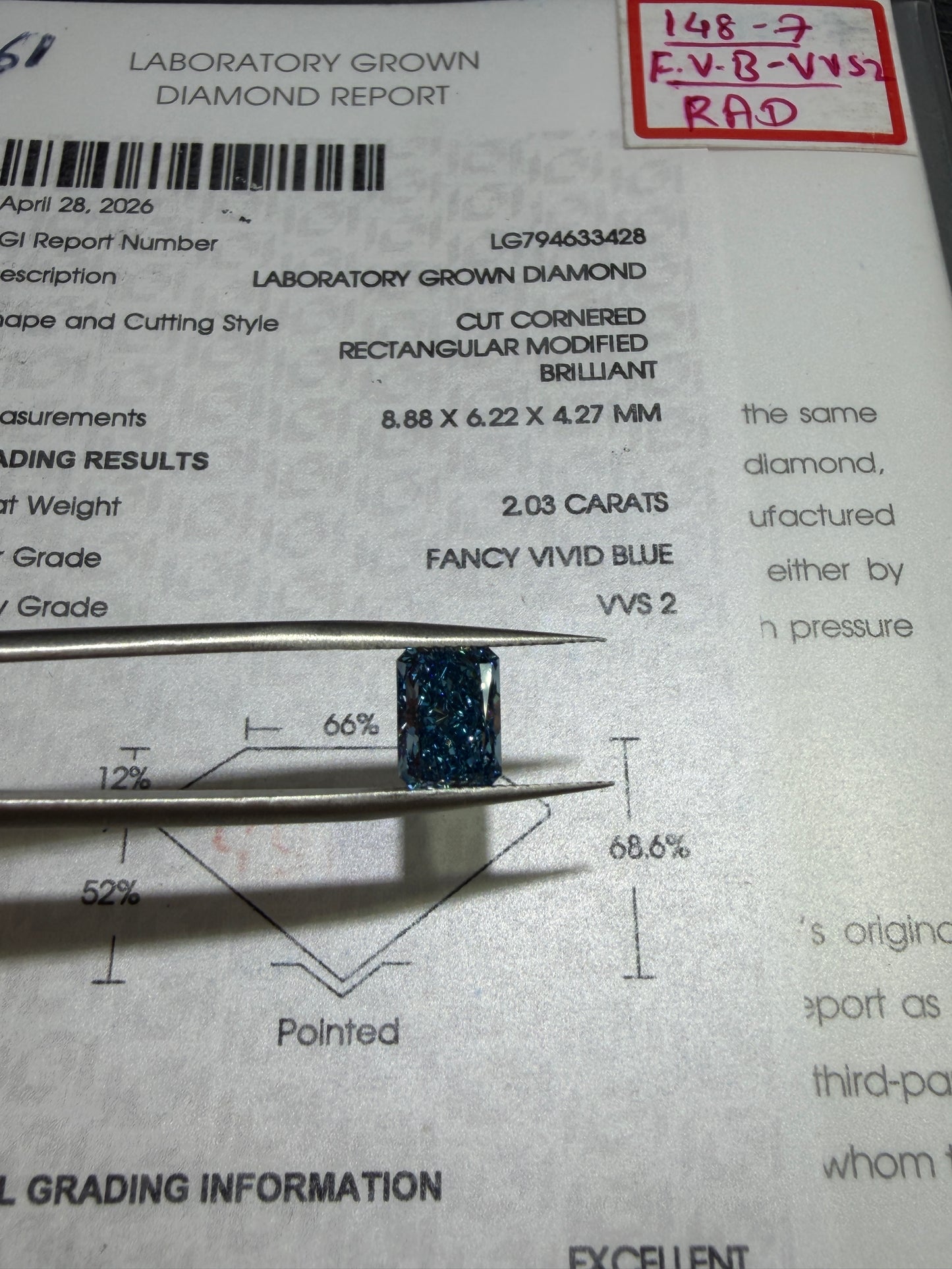 2.03ct Cut Cornered Rectangular Modified Brilliant Lab Grown Diamond (Fancy Vivid Blue, VVS2, IGI Certified)