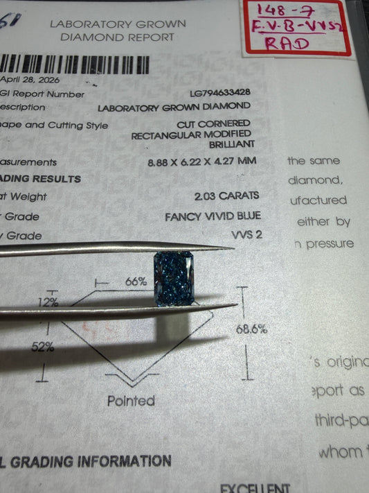 2.03ct Cut Cornered Rectangular Modified Brilliant Lab Grown Diamond (Fancy Vivid Blue, VVS2, IGI Certified)