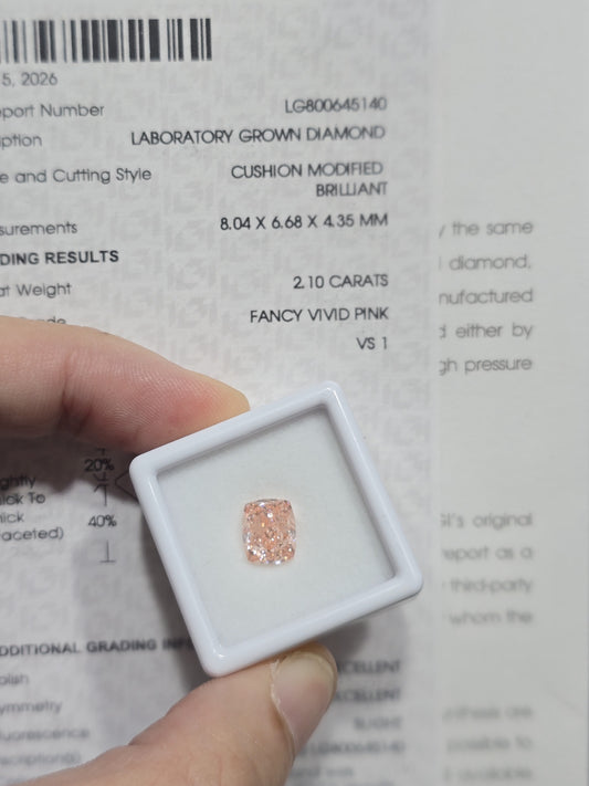2.10ct Cushion Modified Brilliant Lab Grown Diamond (Colour Fancy Vivid Pink, Clarity VS1, IGI Certified)