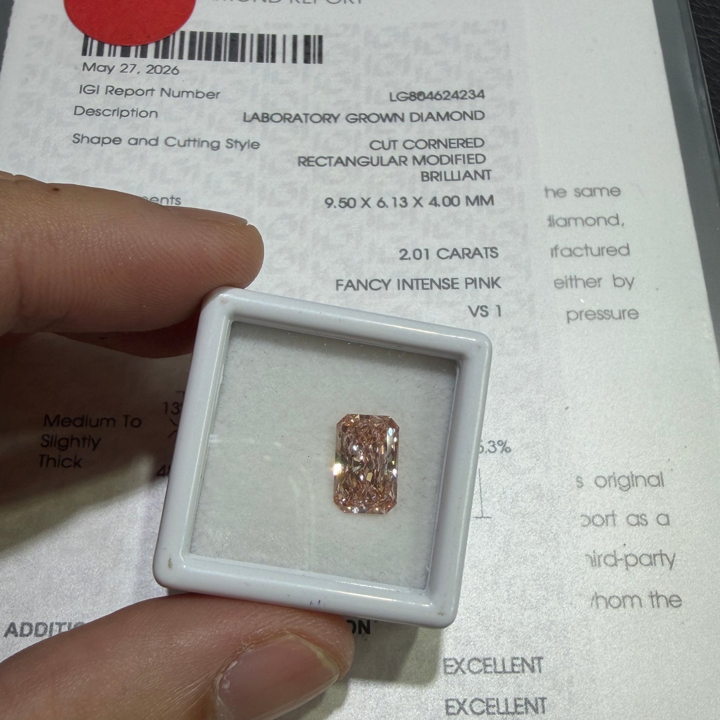 2.01ct Cut Cornered Rectangular Modified Brilliant Lab Grown Diamond (Fancy Intense Pink, VS1, IGI Certified)