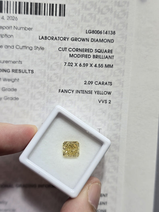 2.09ct Cut Cornered Square Modified Brilliant Lab Grown Diamond (Fancy Intense Yellow, VVS2, IGI Certified)