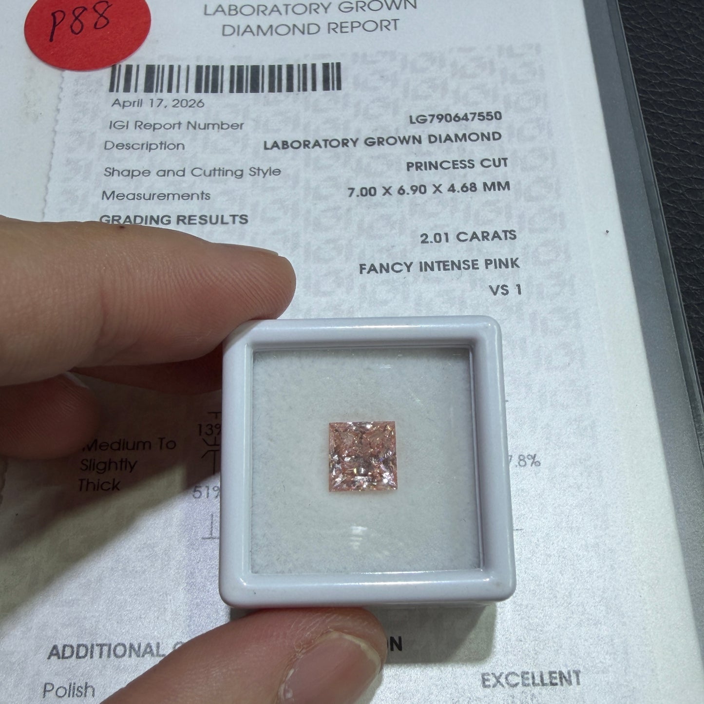 2.01ct Princess Cut Lab Grown Diamond (Fancy Intense Pink, VS1, IGI Certified)