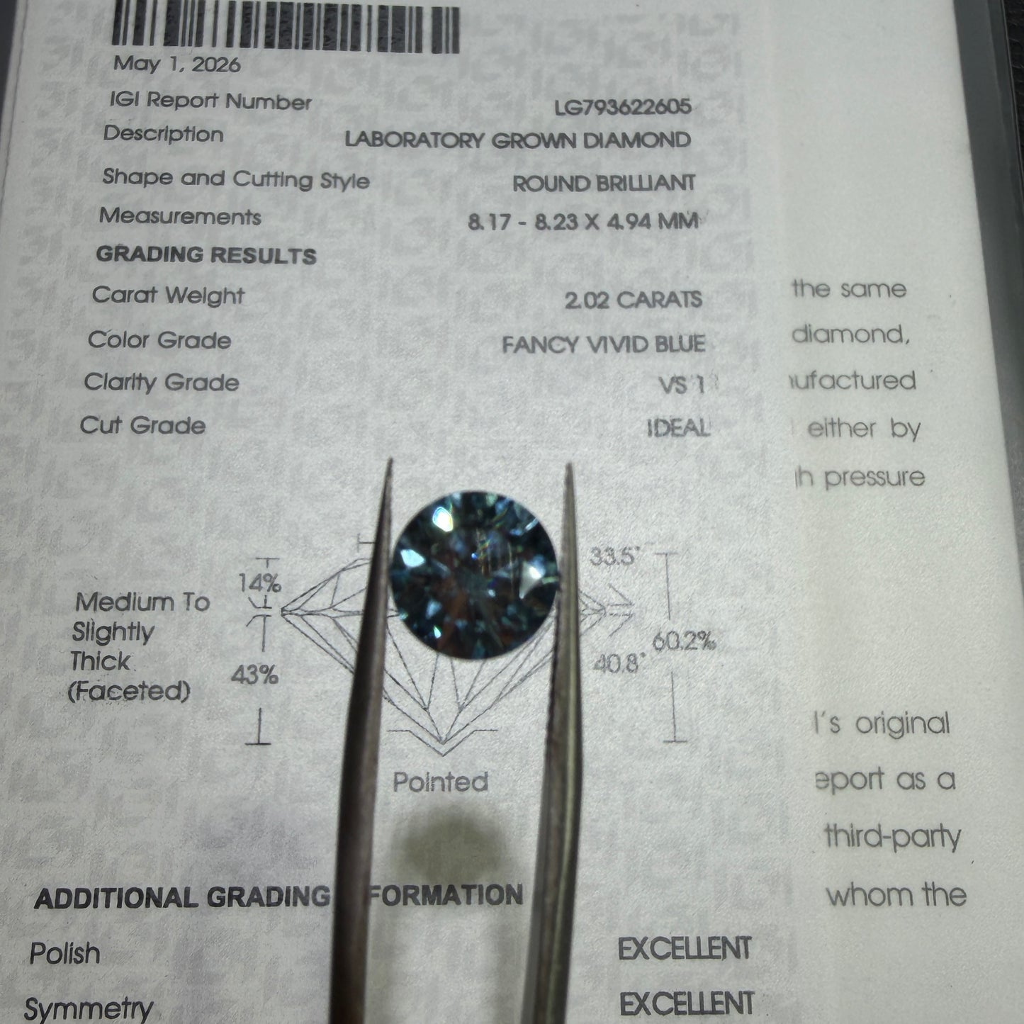 2.02ct Round Brilliant Lab Grown Diamond (Fancy Vivid Blue, VS1, IGI Certified)