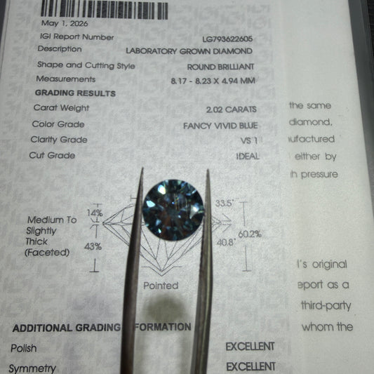 2.02ct Round Brilliant Lab Grown Diamond (Fancy Vivid Blue, VS1, IGI Certified)