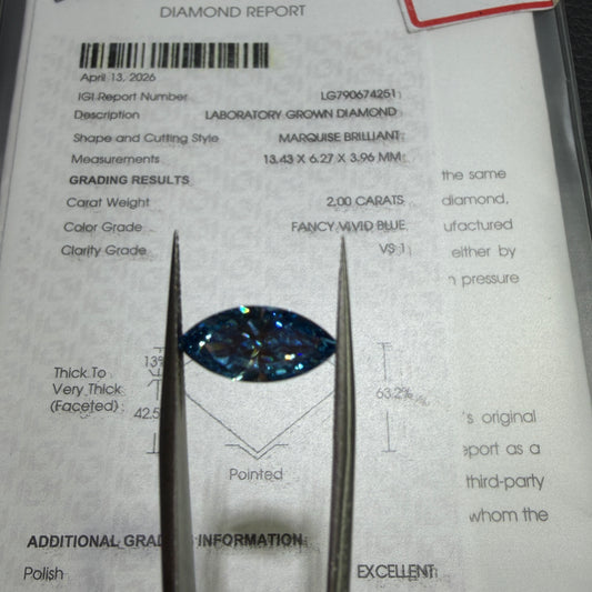 2.00ct Marquise Brilliant Lab Grown Diamond (Fancy Vivid Blue, VS1, IGI Certified)