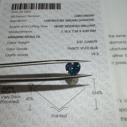2.01ct Heart Modified Brilliant Lab Grown Diamond (Fancy Vivid Blue, VS2, IGI Certified)