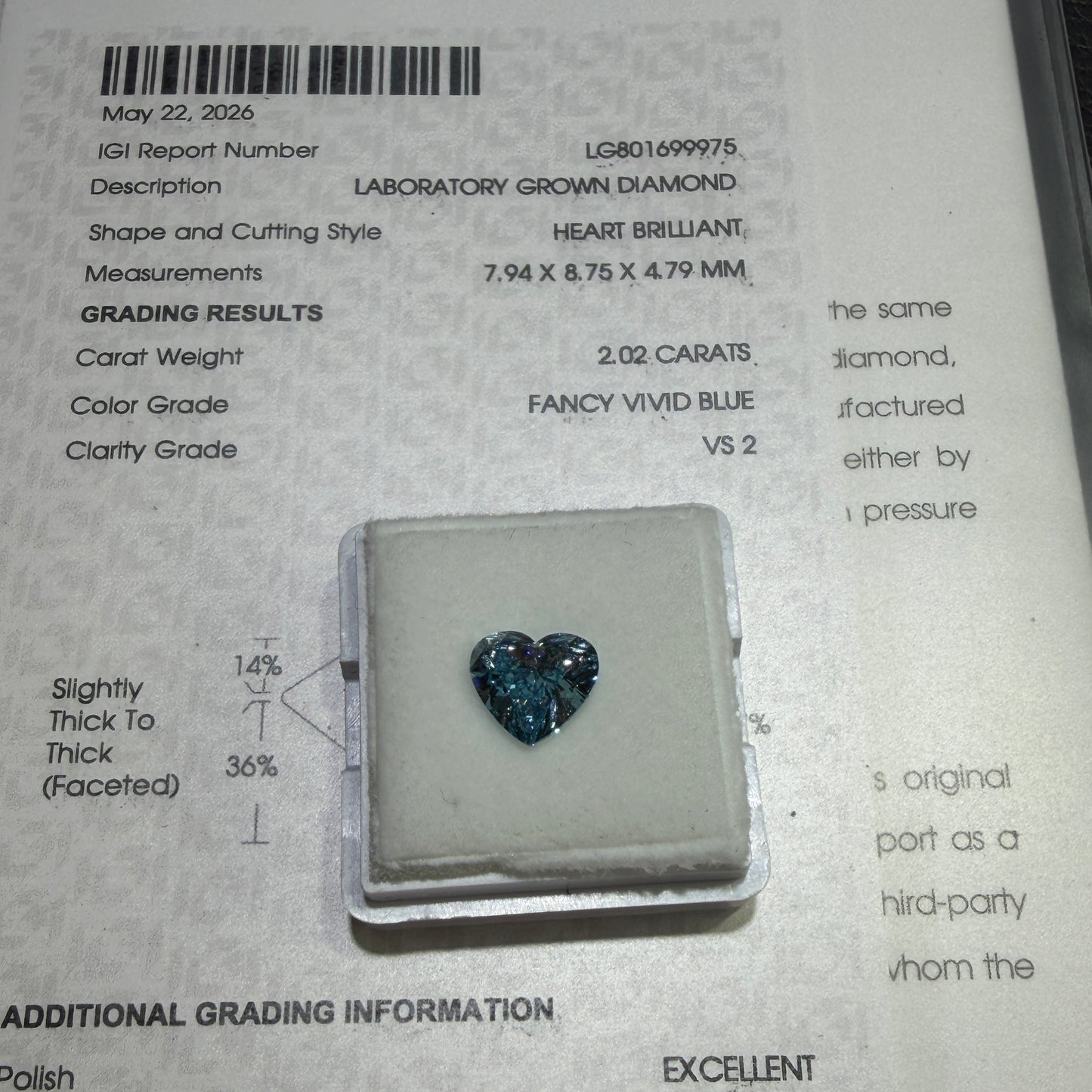 2.02ct Heart Brilliant Lab Grown Diamond (Fancy Vivid Blue, VS2, IGI Certified)