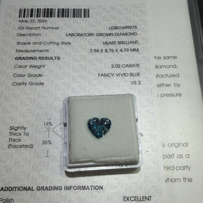 2.02ct Heart Brilliant Lab Grown Diamond (Fancy Vivid Blue, VS2, IGI Certified)