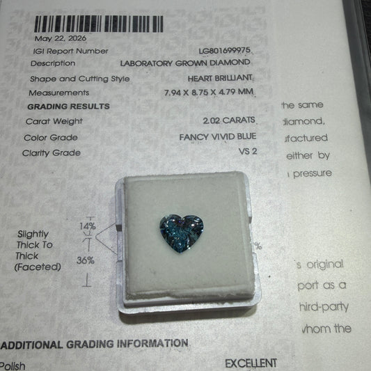 2.02ct Heart Brilliant Lab Grown Diamond (Fancy Vivid Blue, VS2, IGI Certified)