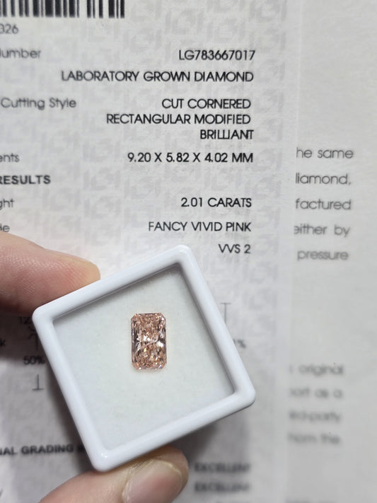 2.01ct Cut Cornered Rectangular Modified Brilliant Lab Grown Diamond (Fancy Vivid Pink, VVS2, IGI Certified)