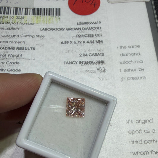 2.04ct Princess Cut Lab Grown Diamond (Fancy Intense Pink, VS1, IGI Certified)