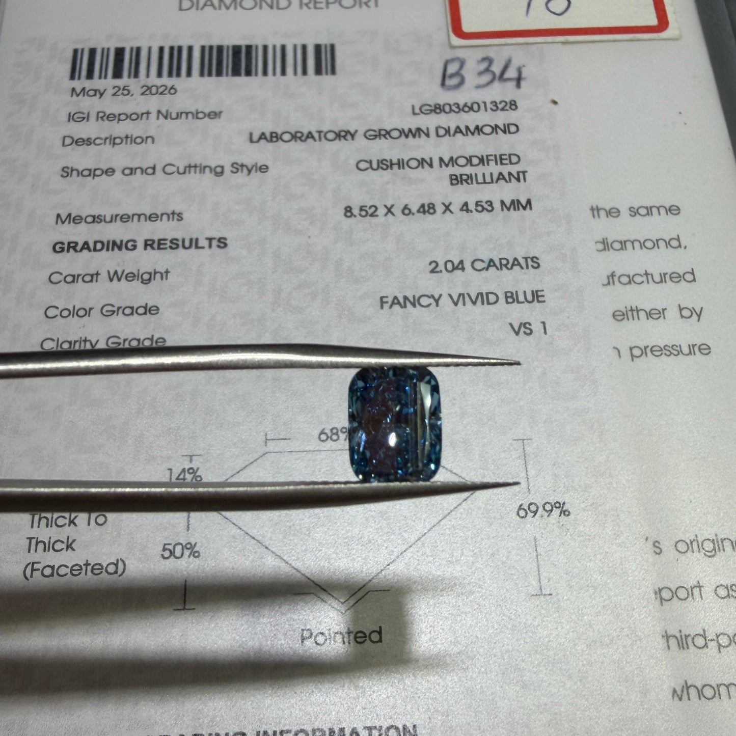 2.04ct Cushion Modified Brilliant Lab Grown Diamond (Fancy Vivid Blue, VS1, IGI Certified)