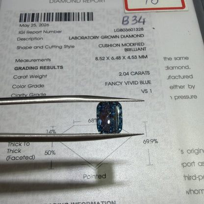 2.04ct Cushion Modified Brilliant Lab Grown Diamond (Fancy Vivid Blue, VS1, IGI Certified)
