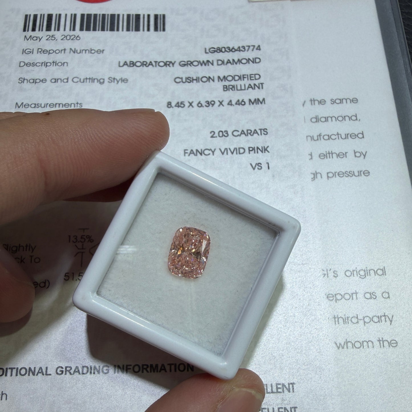 2.03ct Cushion Modified Brilliant Lab Grown Diamond (Fancy Vivid Pink, VS1, IGI Certified)