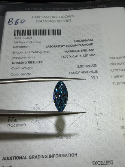 2.02ct Marquise Brilliant Lab Grown Diamond (Fancy Vivid Blue, VS2, IGI Certified)