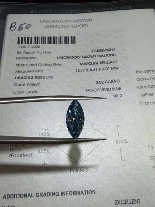 2.02ct Marquise Brilliant Lab Grown Diamond (Fancy Vivid Blue, VS2, IGI Certified)