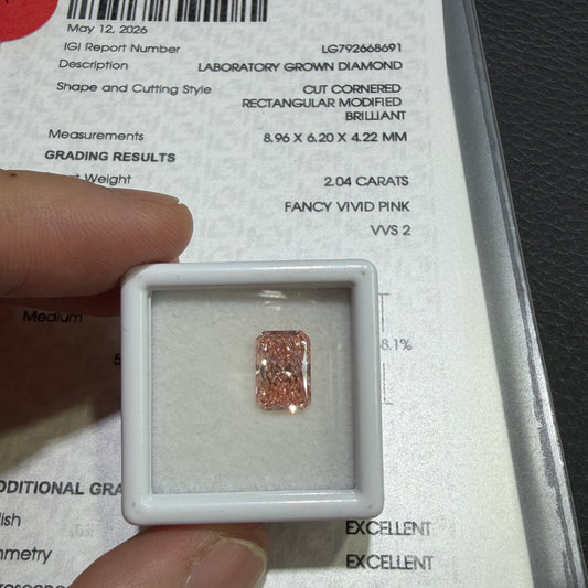 2.04ct Radiant Cut Lab Grown Diamond (Fancy Vivid Pink, VVS2, IGI Certified)