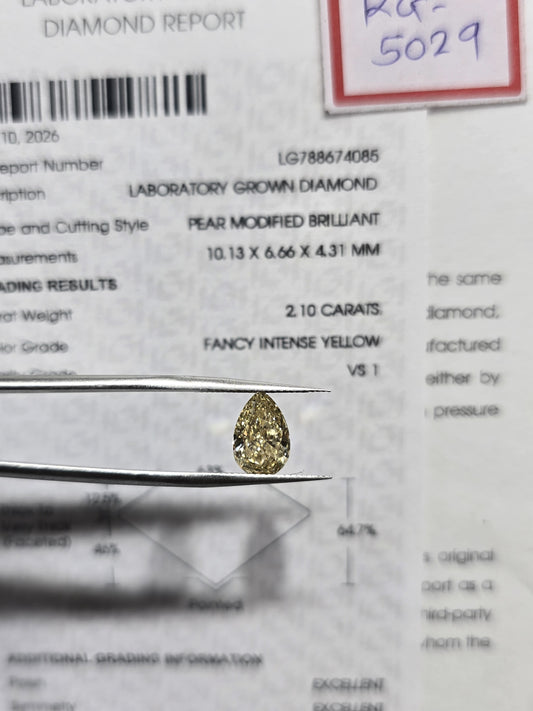 2.10ct Pear Modified Brilliant Lab Grown Diamond (Fancy Intense Yellow, VS1, IGI Certified)