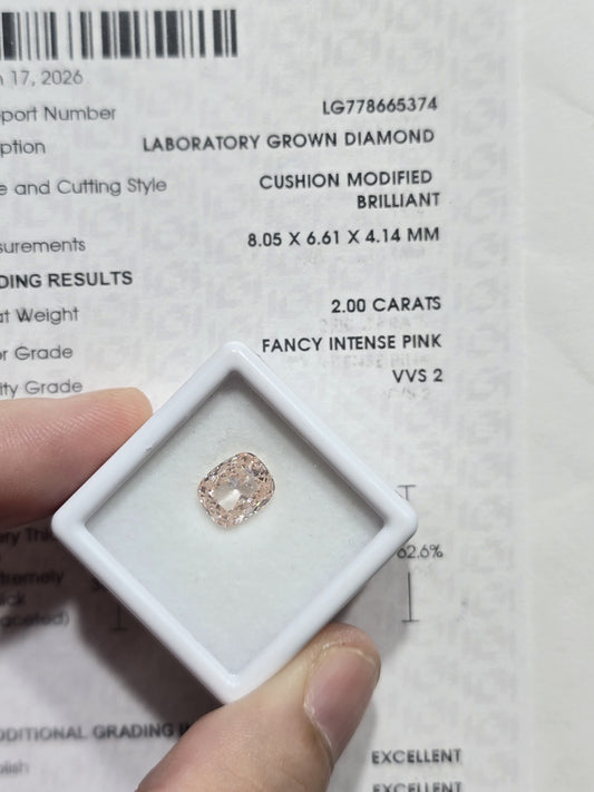 2.00ct Cushion Modified Brilliant Lab Grown Diamond (Fancy Intense Pink, VVS2, IGI Certified)