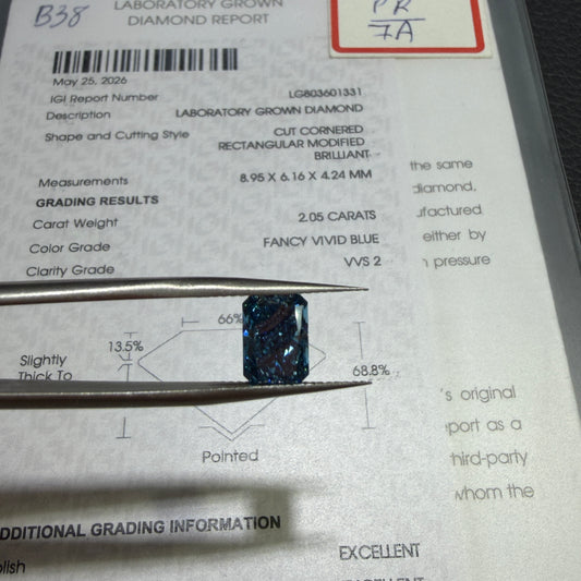 2.05ct Cut Cornered Rectangular Modified Brilliant Lab Grown Diamond (Fancy Vivid Blue, VVS2, IGI Certified)