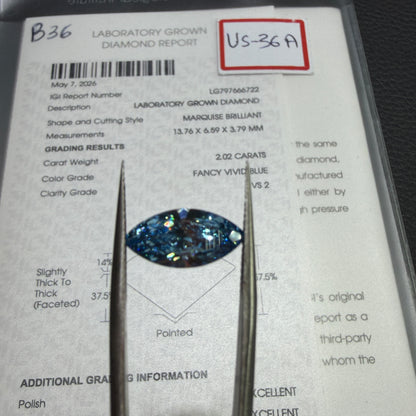 2.02ct Marquise Brilliant Lab Grown Diamond (Fancy Vivid Blue, VS2, IGI Certified)