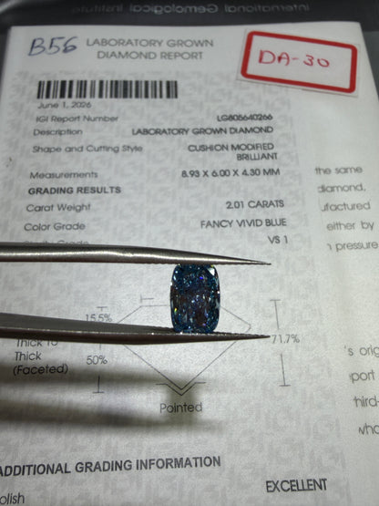 2.01ct Cushion Modified Brilliant Lab Grown Diamond (Fancy Vivid Blue, VS1, IGI Certified)