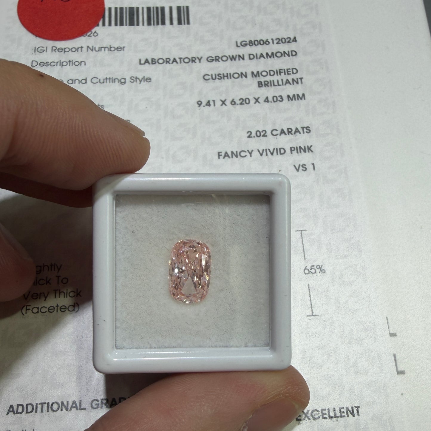 2.02ct Cushion Modified Brilliant Lab Grown Diamond (Fancy Vivid Pink, VS1, IGI Certified)