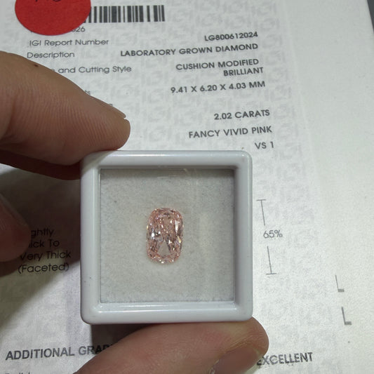 2.02ct Cushion Modified Brilliant Lab Grown Diamond (Fancy Vivid Pink, VS1, IGI Certified)