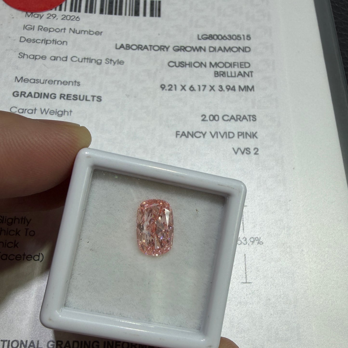 2.00ct Cushion Modified Brilliant Lab Grown Diamond (Fancy Vivid Pink, VVS2, IGI Certified)
