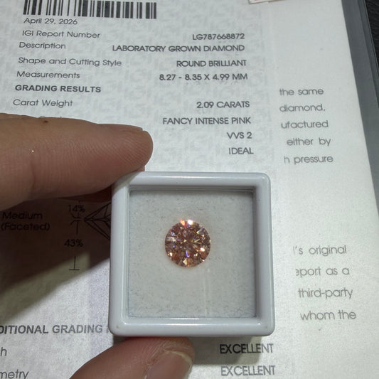 2.09ct Round Brilliant Lab Grown Diamond (Fancy Intense Pink, VVS2, IGI Certified)