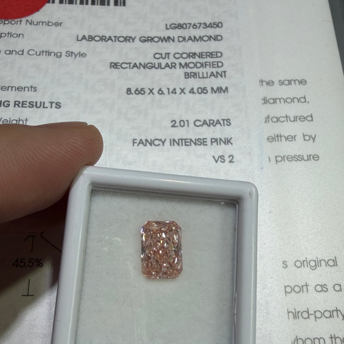 2.01ct Radiant Cut Lab Grown Diamond (Fancy Intense Pink, VS2, IGI Certified)
