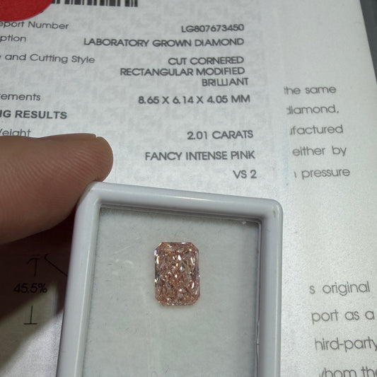 2.01ct Radiant Cut Lab Grown Diamond (Fancy Intense Pink, VS2, IGI Certified)