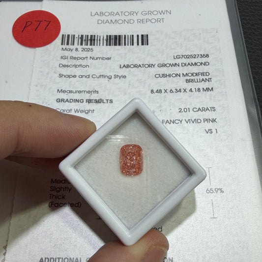 2.01ct Cushion Modified Brilliant Lab Grown Diamond (Fancy Vivid Pink, VS1, IGI Certified)