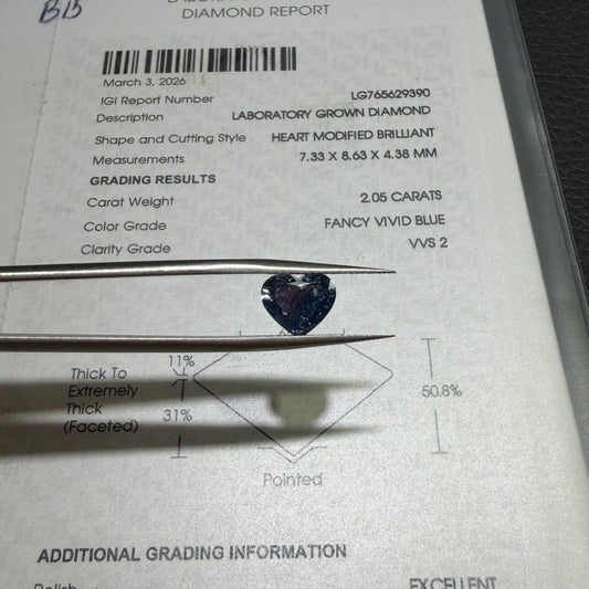 2.05ct Heart Modified Brilliant Lab Grown Diamond (Fancy Vivid Blue, VVS2, IGI Certified)