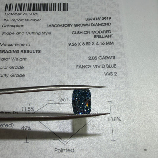 2.05ct Cushion Modified Brilliant Lab Grown Diamond (Fancy Vivid Blue, VVS2, IGI Certified)