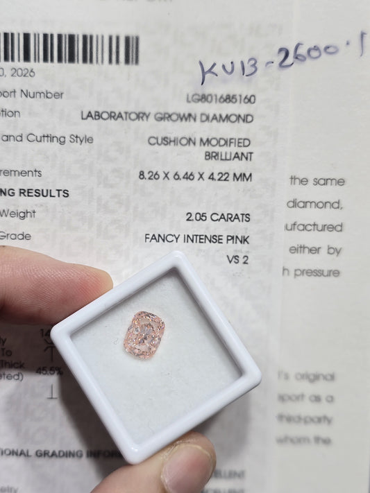 2.05ct Cushion Modified Brilliant Lab Grown Diamond (Fancy Intense Pink, VS2, IGI Certified)