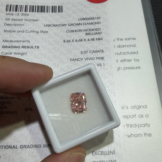 2.07ct Cushion Modified Brilliant Lab Grown Diamond (Fancy Vivid Pink, VS1, IGI Certified)