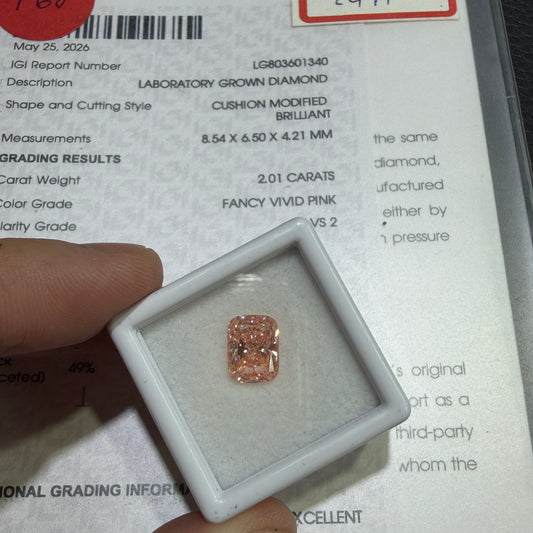 2.01ct Cushion Modified Brilliant Lab Grown Diamond (Fancy Vivid Pink, VS2, IGI Certified)