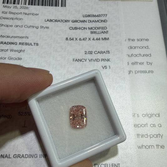 2.02ct Cushion Modified Brilliant Lab Grown Diamond (Fancy Vivid Pink, VS1, IGI Certified)