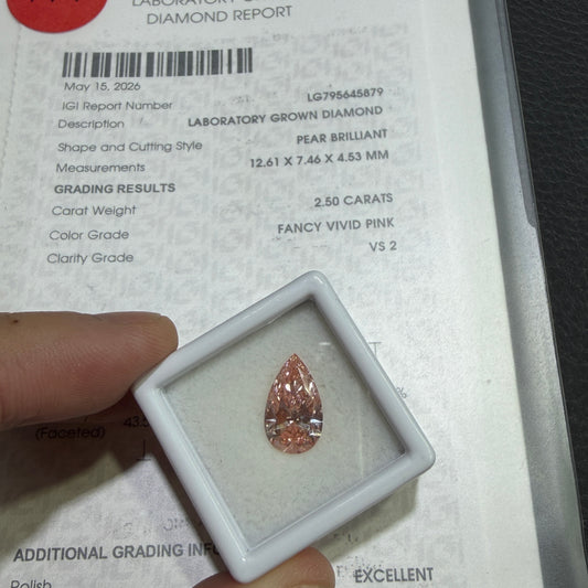 2.50ct Pear Brilliant Lab Grown Diamond (Fancy Vivid Pink, VS2, IGI Certified)