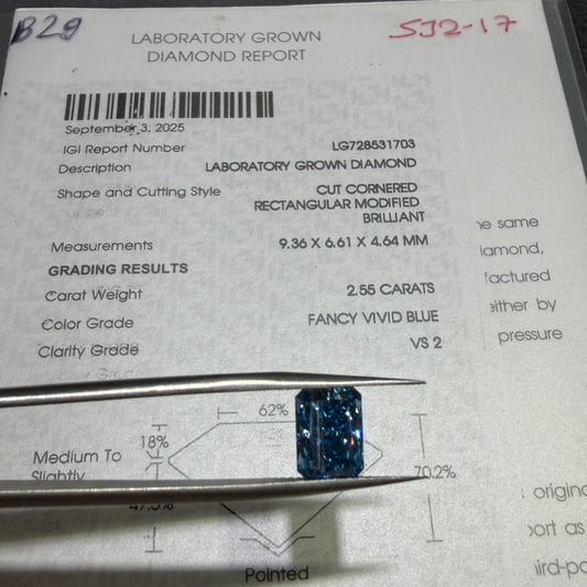 2.55ct Cut Cornered Rectangular Modified Brilliant Lab Grown Diamond (Fancy Vivid Blue, VS2, IGI Certified)