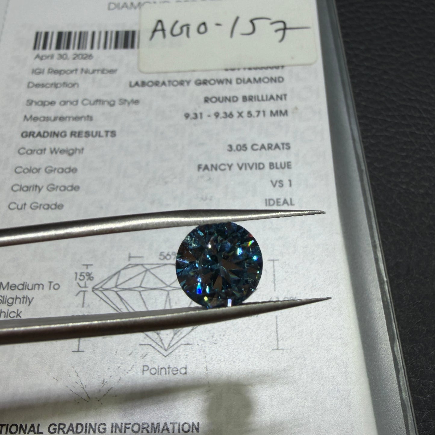 3.05ct Round Brilliant Lab Grown Diamond (Fancy Vivid Blue, VS1, IGI Certified)