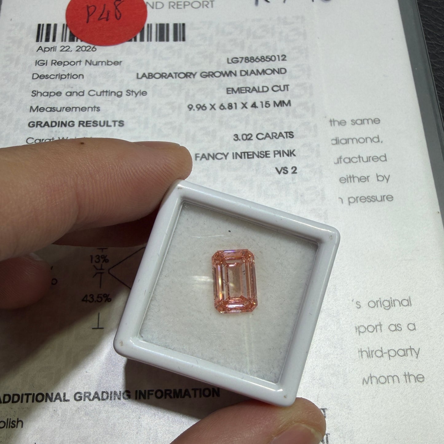 3.02ct Emerald Cut Lab Grown Diamond (Fancy Intense Pink, VS2, IGI Certified)