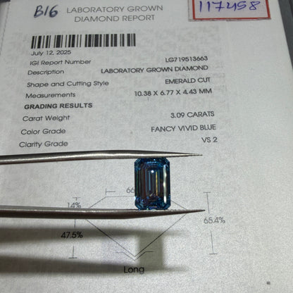 3.09ct Emerald Cut Lab Grown Diamond (Fancy Vivid Blue, VS2, IGI Certified)