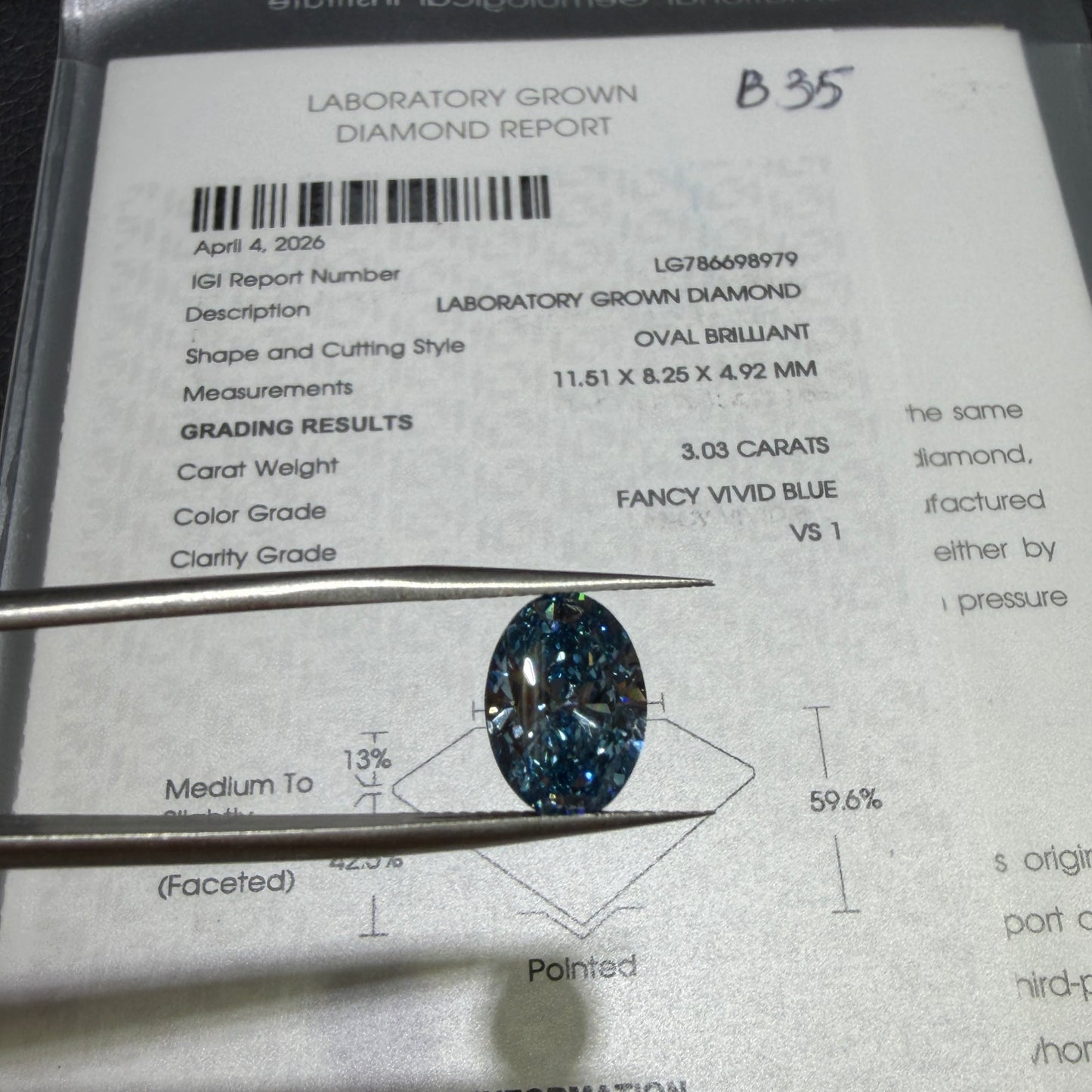 3.03ct Oval Brilliant Lab Grown Diamond (Fancy Vivid Blue, VS1, IGI Certified)