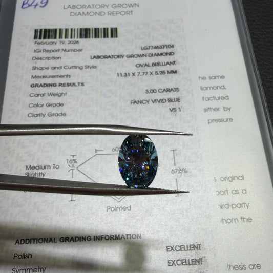 3.00ct Oval Brilliant Lab Grown Diamond (Fancy Vivid Blue, VS1, IGI Certified)