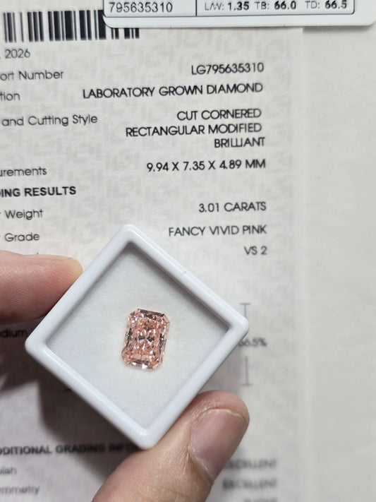 3.01ct Cut Cornered Rectangular Modified Brilliant Lab Grown Diamond (Fancy Vivid Pink, VS2, IGI Certified)