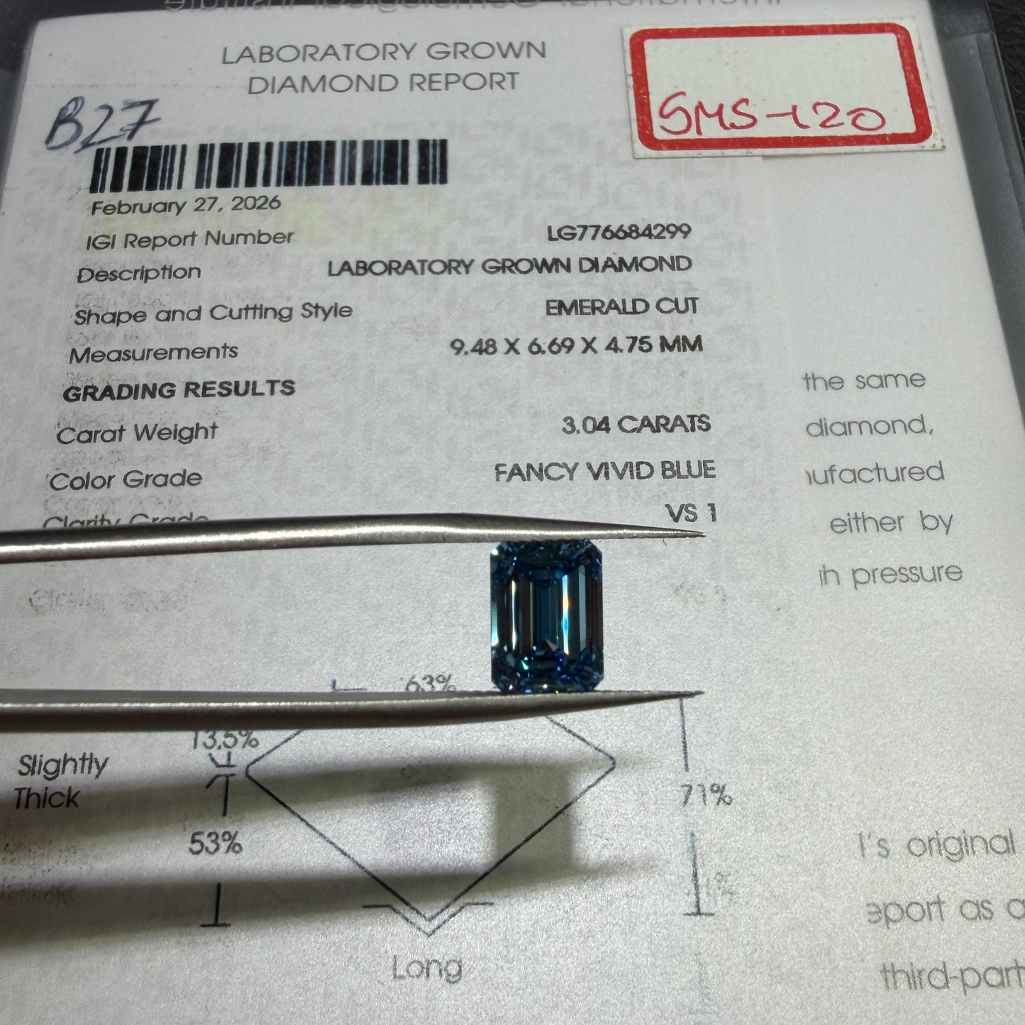 3.04ct Emerald Cut Lab Grown Diamond (Fancy Vivid Blue, VS1, IGI Certified)