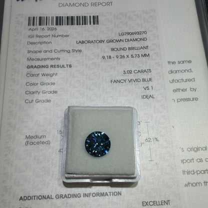 3.02ct Round Brilliant Lab Grown Diamond (Fancy Vivid Blue, VS1, IGI Certified)