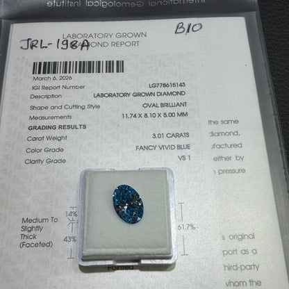 3.01ct Oval Brilliant Lab Grown Diamond (Fancy Vivid Blue, VS1, IGI Certified)